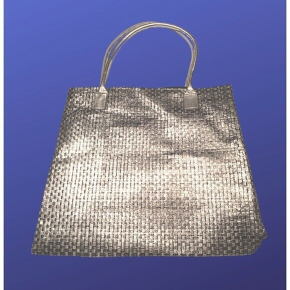 UNBRANDED 100% Paper Straw Woven Tote Handbag Purse, METALLIC SILVER, NWOT